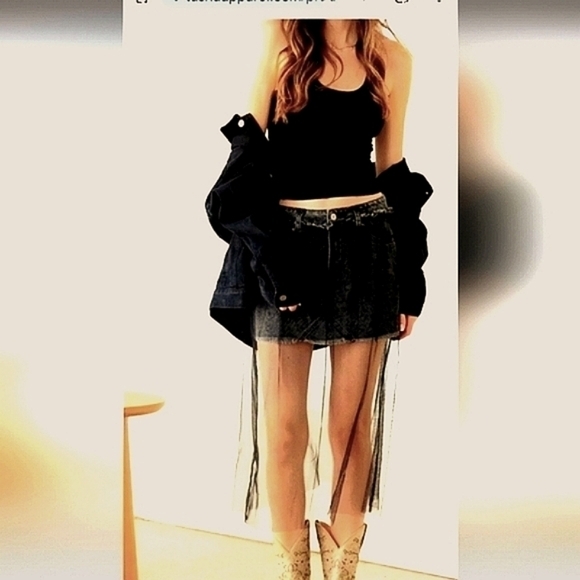 Black denim distressed mini skirt with tulle mesh overlay - Picture 2 of 11